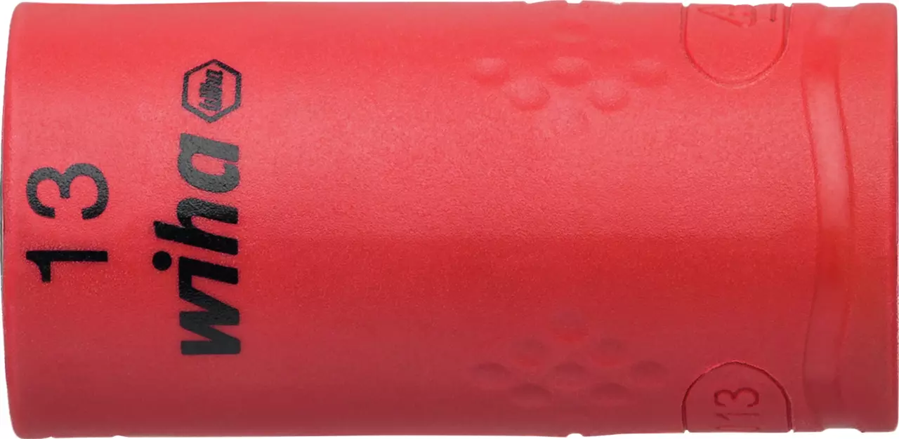 Red insulated socket wrench head with "wiha" logo, size 13