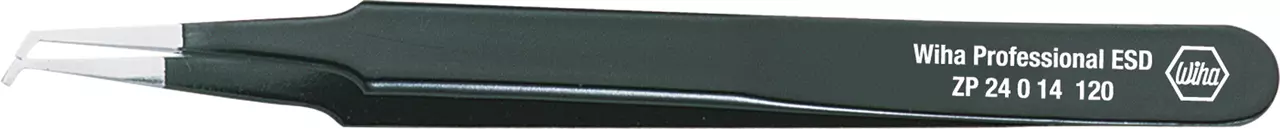 Black ESD SMD tweezers with angled tips and white text on the handle.