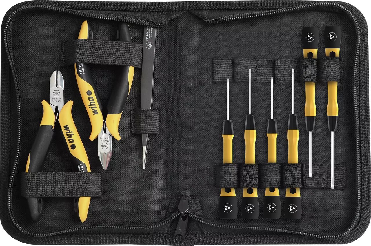 Tool set with pliers, tweezers, and screwdrivers in a black zippered case.