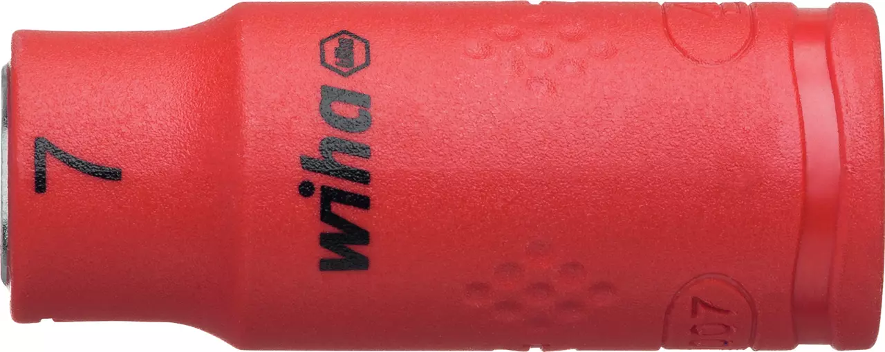 Red insulated socket with black text and a hexagonal logo.