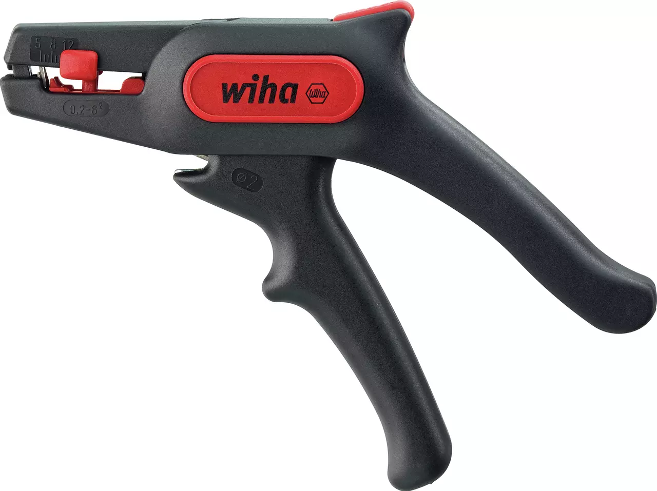 Automatic wire stripper with black handles and red accents.