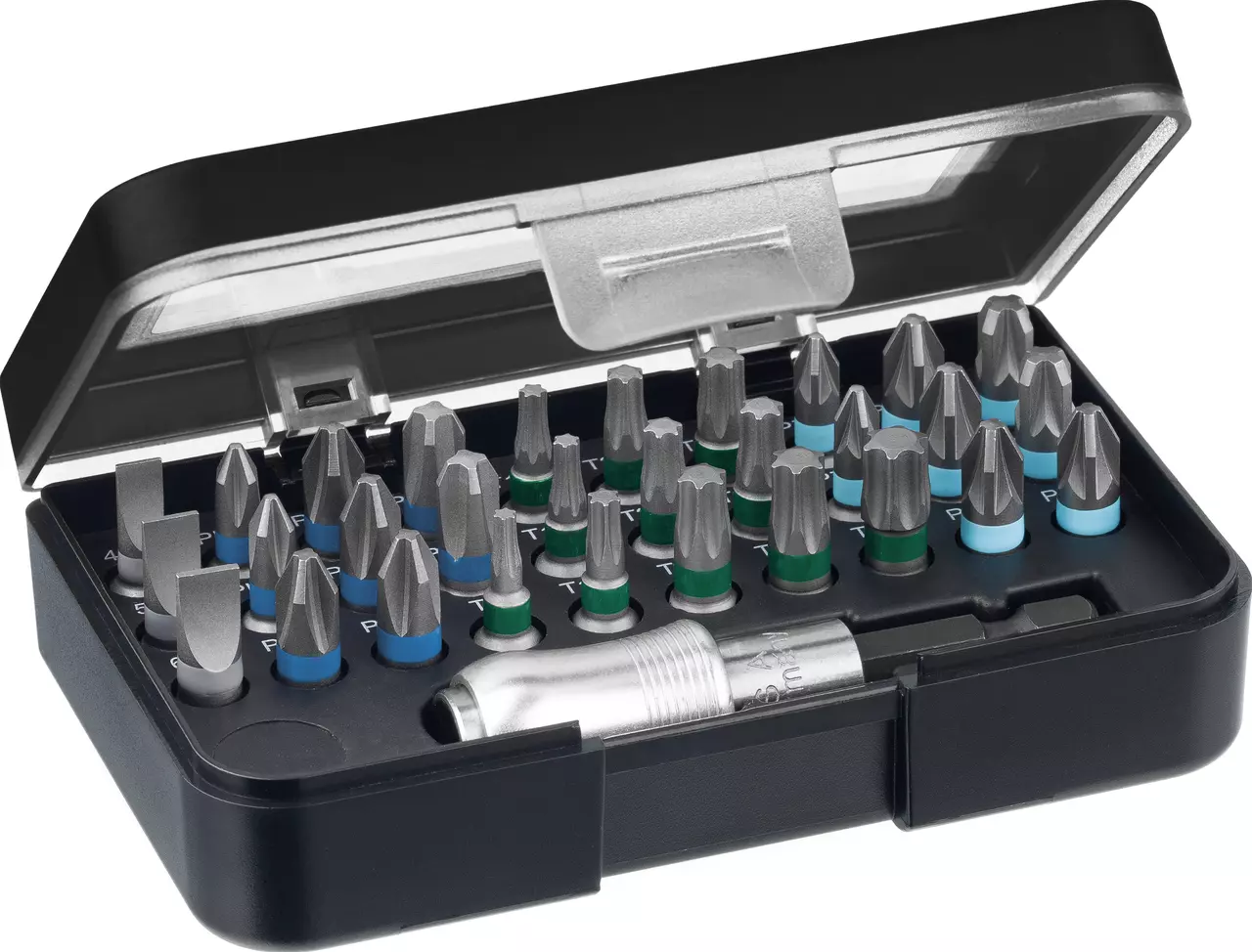 A black box containing various screwdriver bits and a socket adapter.