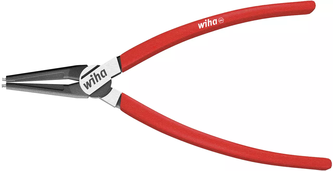 Pliers with red handles and metal tips for external retaining rings.