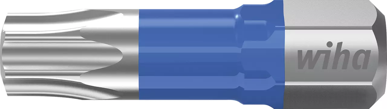 Torx bit, silver and blue, with engraved logo