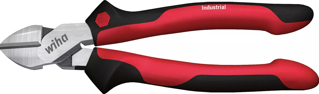 Red and black industrial side cutter with metal blades.