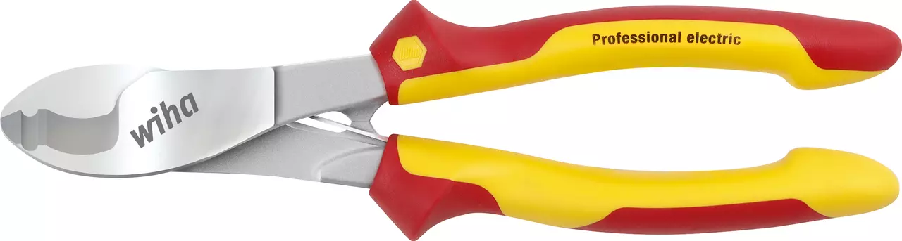 Yellow and red cable cutter with ergonomic handles and "Professional electric" label.