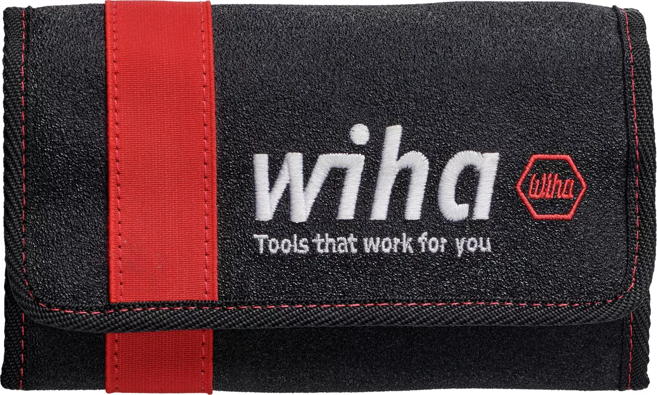 A closed black tool pouch with a red strap and white logo text.