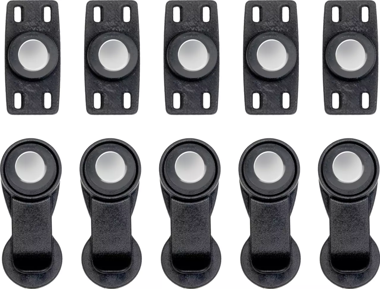 Black magnetic cable holders with circular centers, shown in two rows