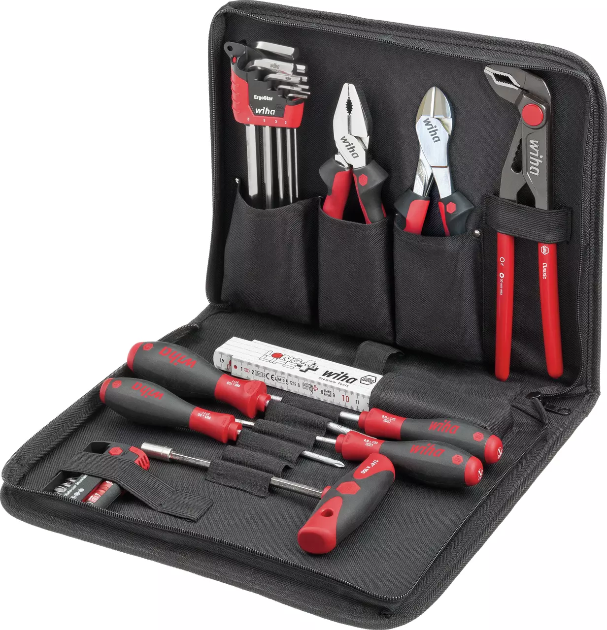 Mechanic tool set in black case with pliers, screwdrivers, and hex keys.