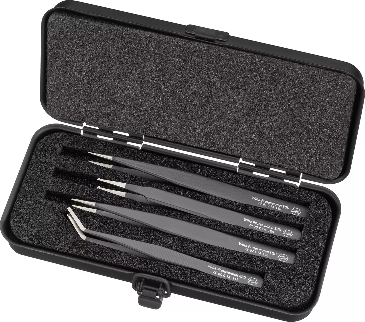Black case with five precision tweezers on foam padding
