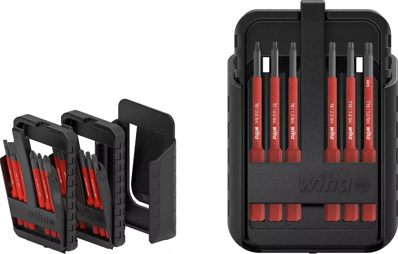 Black and red tool bit set in a compact case, showing multiple bit types neatly arranged.
