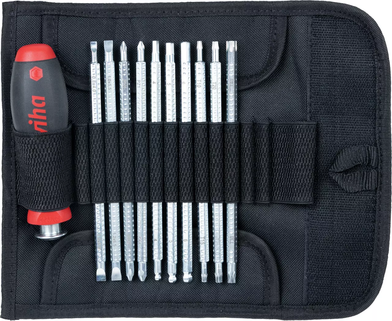 Tool set with interchangeable bits and handle in a black fabric case.