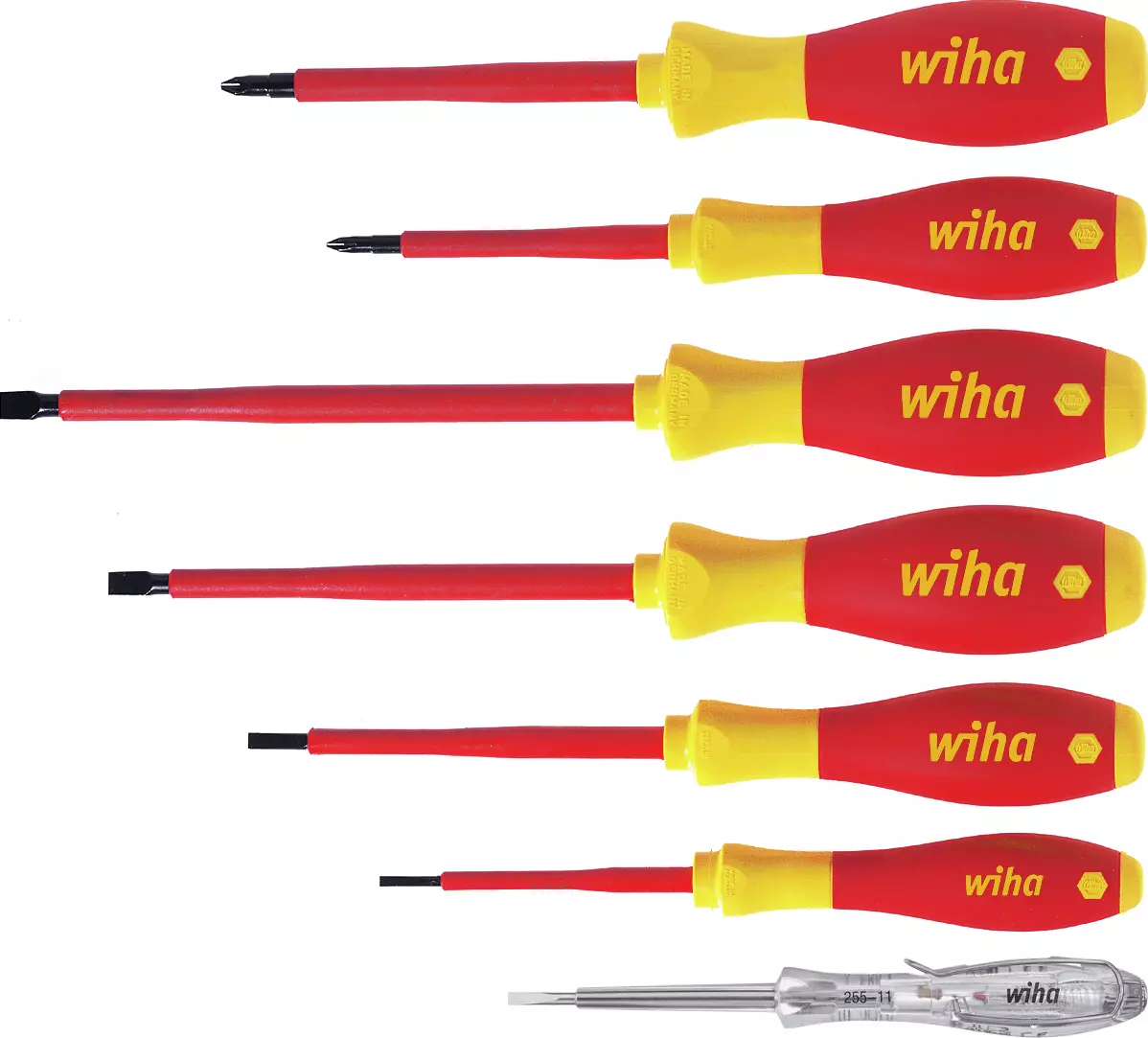 Electric screwdrivers with red and yellow handles, plus one transparent tester
