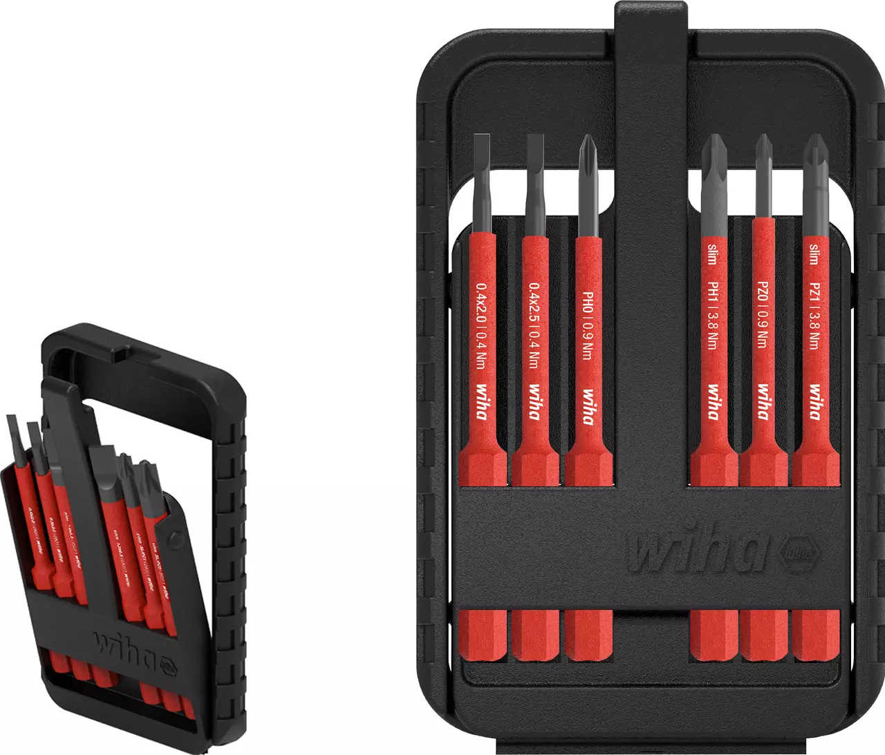 Slim bit set in a black plastic case with red bits visible