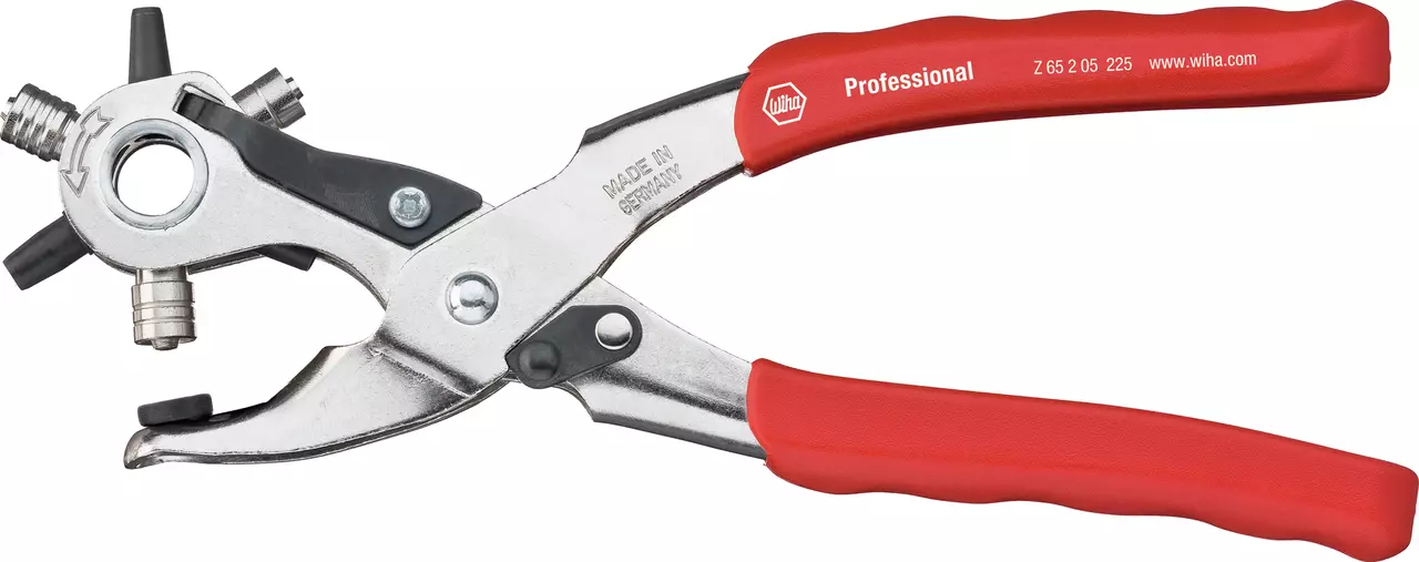Red-handled revolving hole punch pliers for leather and fabric