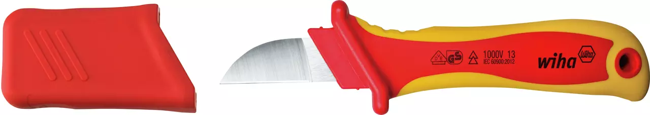 Stripping knife with red and yellow handle, red blade cover beside it.