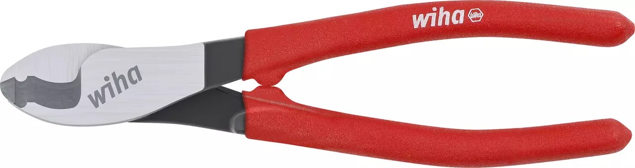 Red-handled cable cutter with silver cutting blades