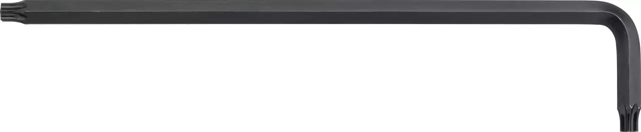 L-shaped hex key with a long arm, black finish.