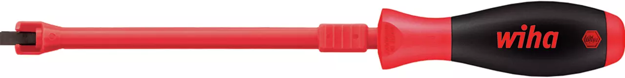 Insulated flathead screwdriver with red and black handle, red shaft