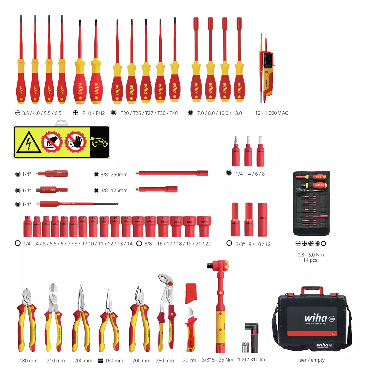 Tool set with various insulated screwdrivers, pliers, wrenches, and a case for electrical work.