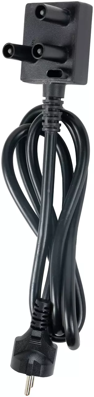 Black measuring plug with two prongs and a coiled cable.