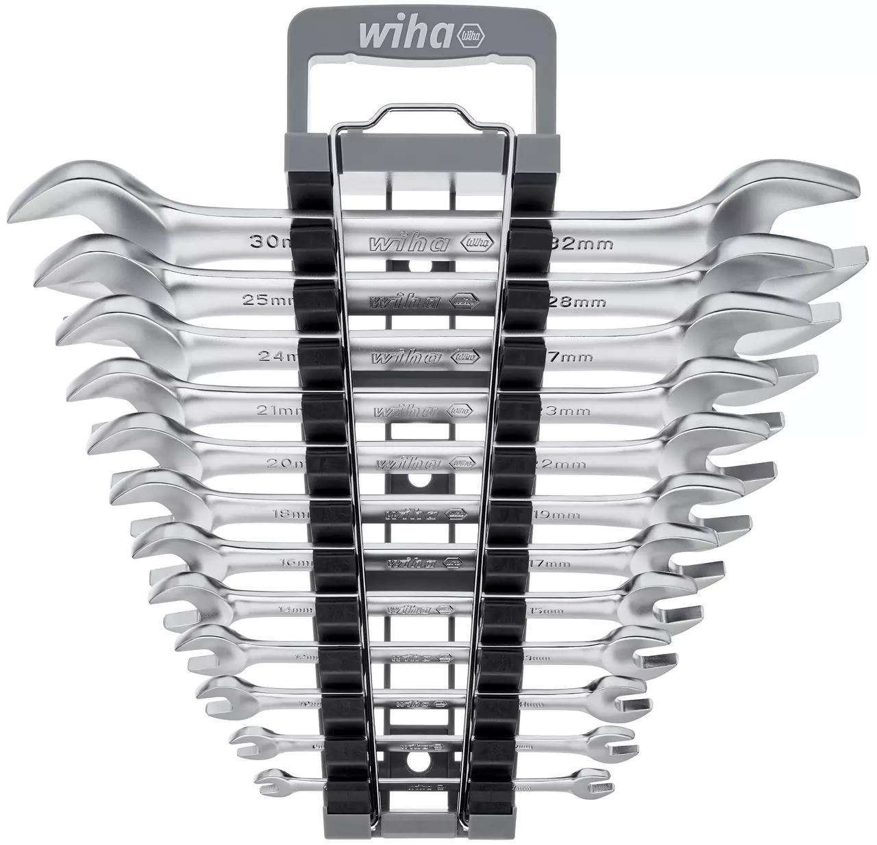 Set of 12 open-end wrenches in a holder, sizes marked on each tool