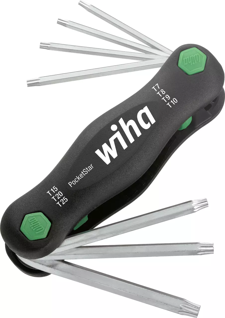 Folding Torx key set with black handle and multiple metal keys extended.