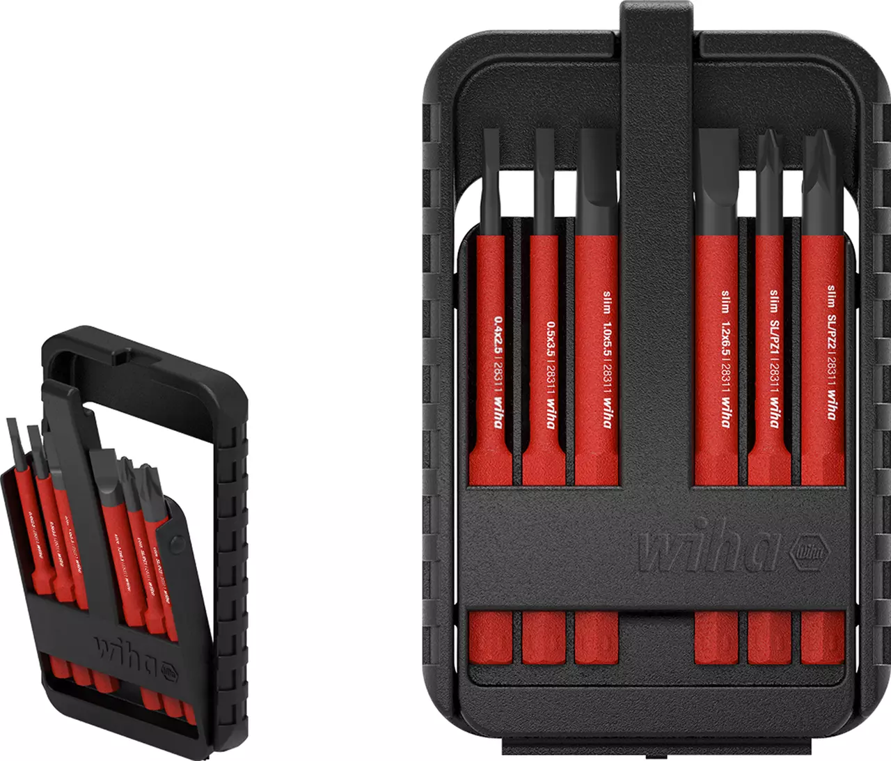 Black case with red screwdriver bits labeled "slim", organized in slots