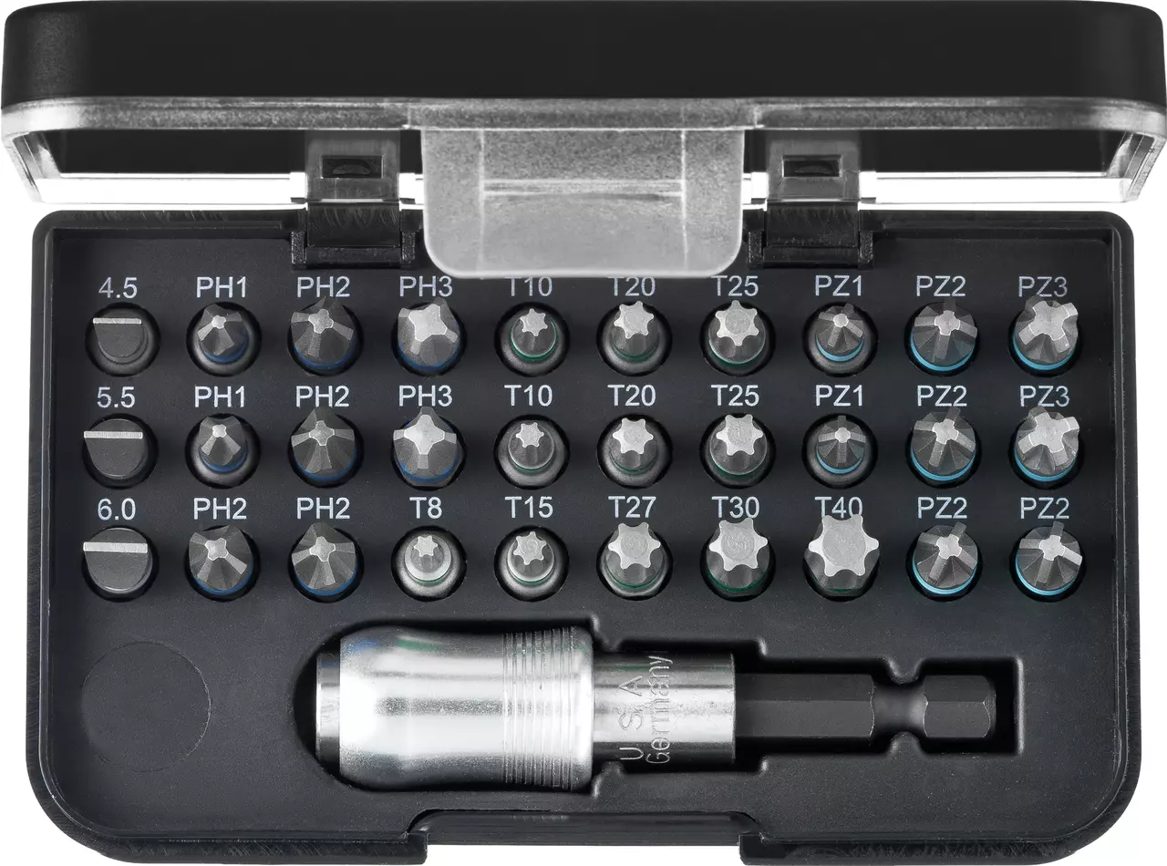 Bit set with 31 pieces, including various sizes and types, in a black plastic case.