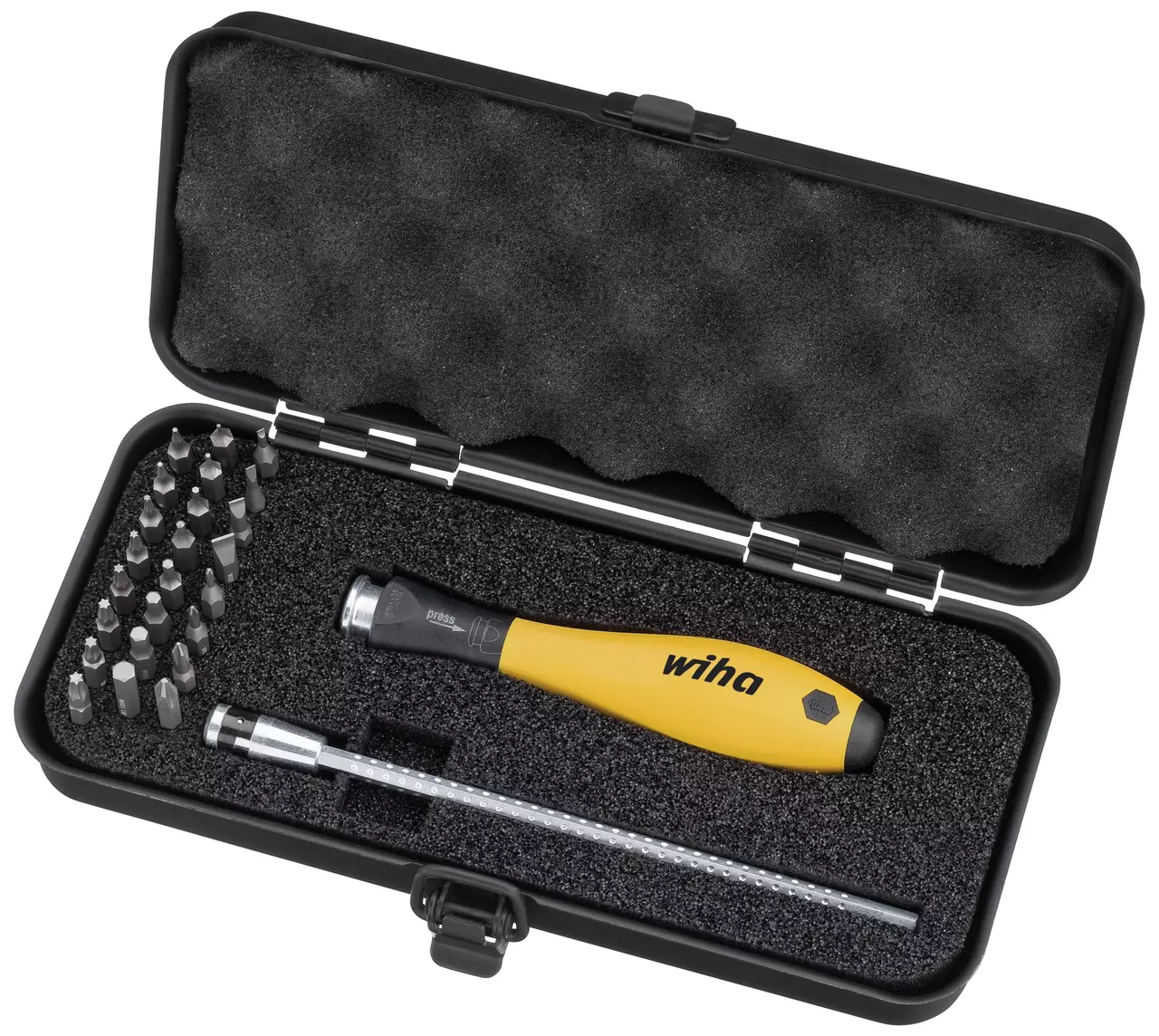 Yellow handle screwdriver set in black foam case, includes bits and extender.