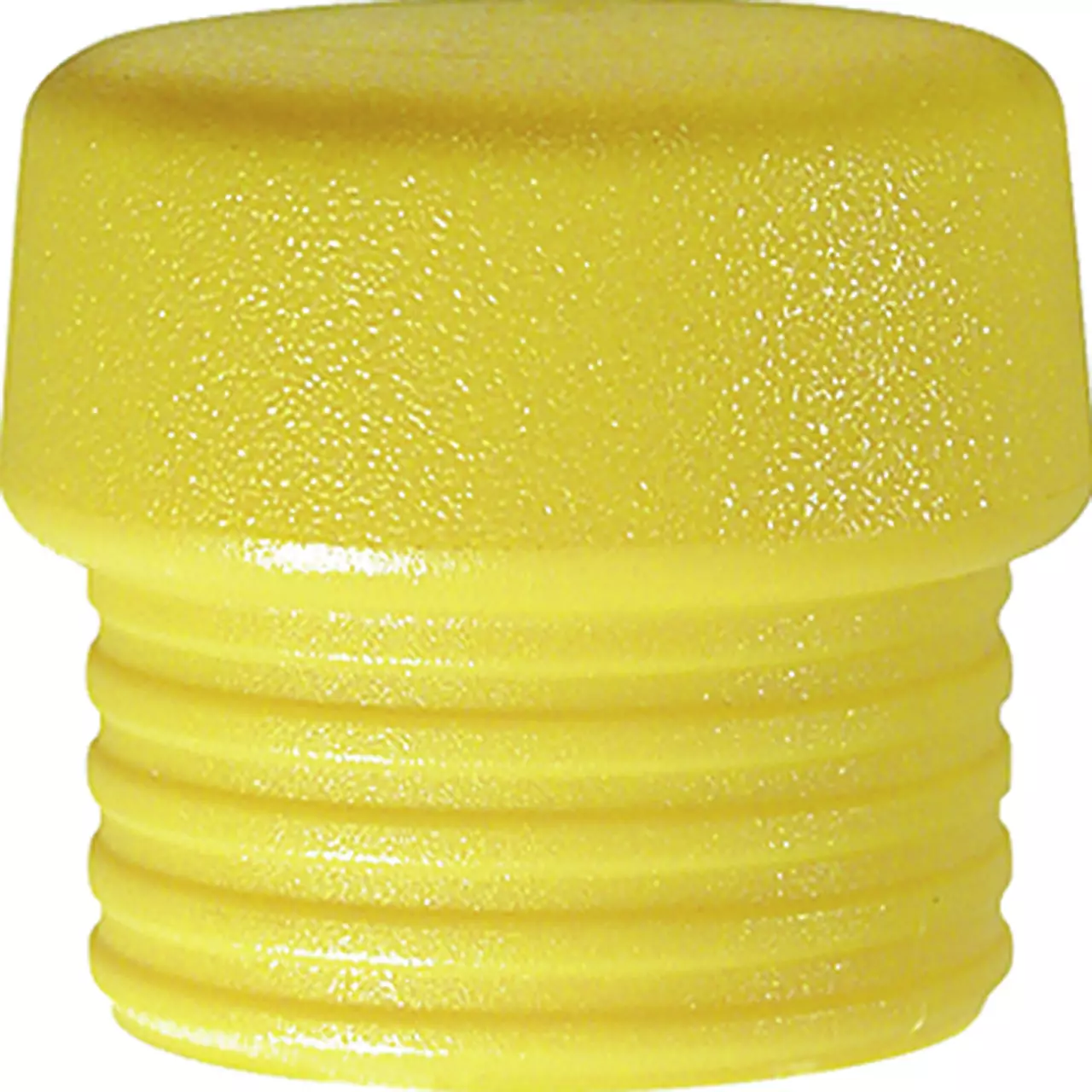Yellow safety cap for a mallet with a textured surface and ribbed lower section.