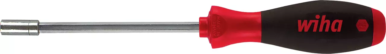 Screwdriver with red and black handle and metal bit holder.