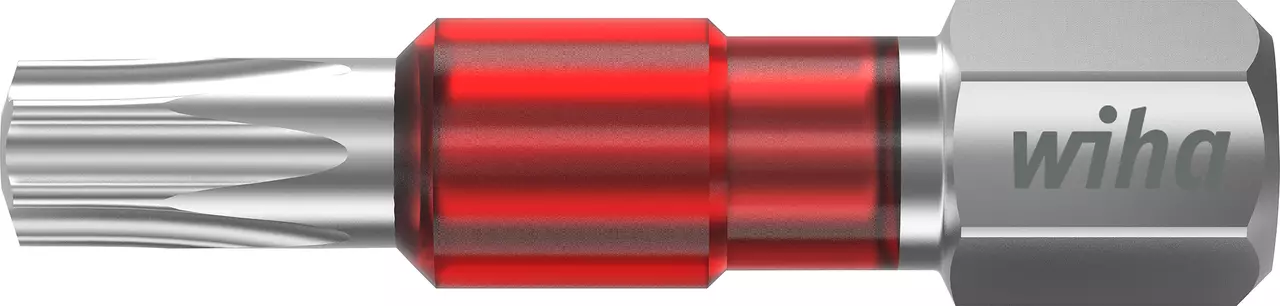 Torx bit with a red ring and silver shaft, labeled "wiha".
