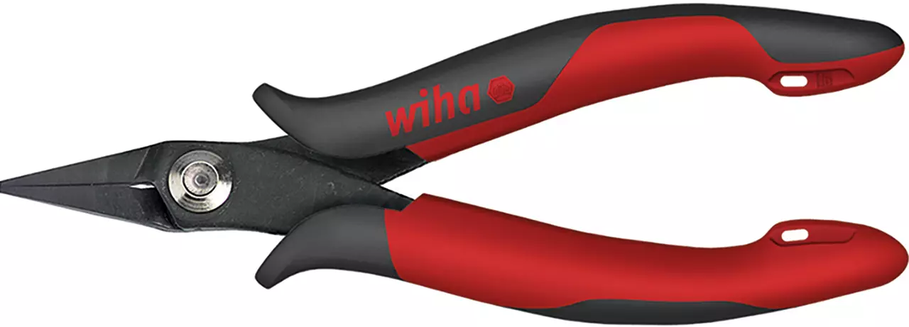 Red and black electronic needle-nose pliers with ergonomic handles.