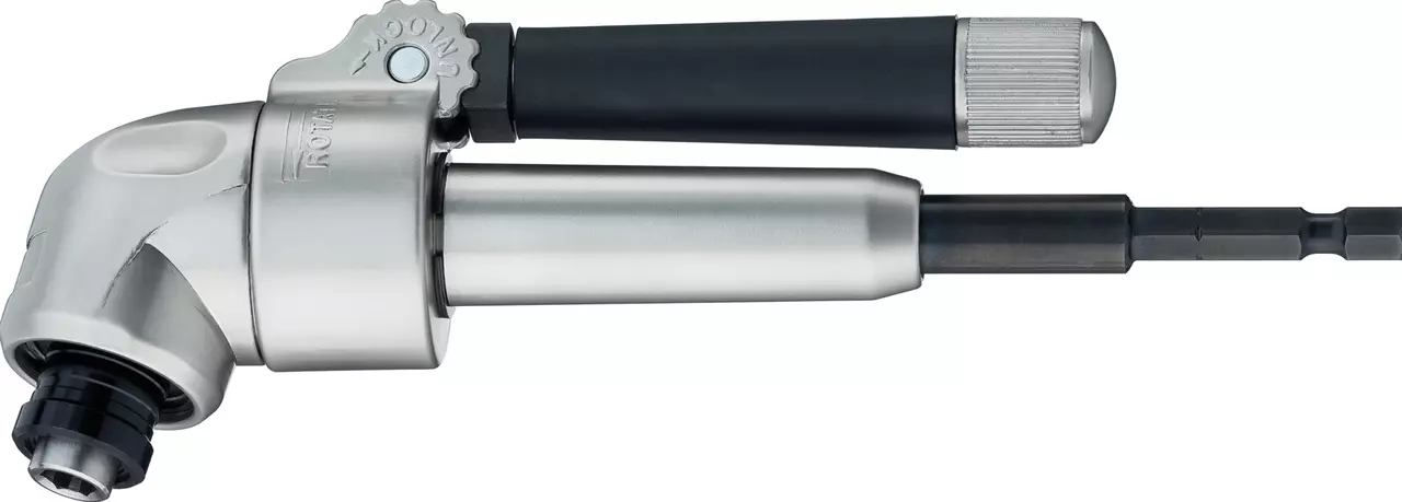 Silver and black right angle screwdriver with a cylindrical handle and adjustable head.