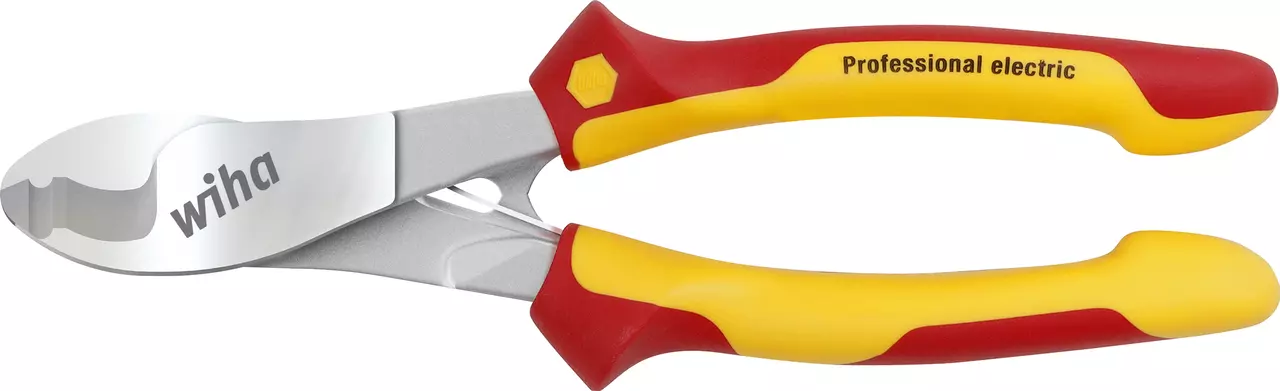 Red and yellow-handled cable cutter with "Professional electric" label.