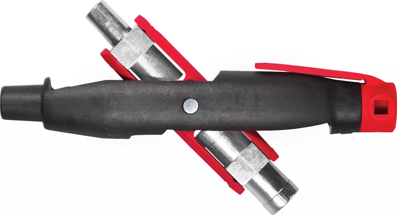 Black and red multi-tool with metal components, possibly a cabinet key.