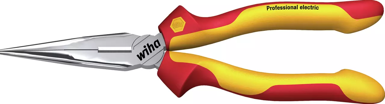 Red and yellow flat nose pliers with insulated handles and metallic jaws.