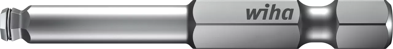 Hex bit with ball end, 50mm length, metallic finish.
