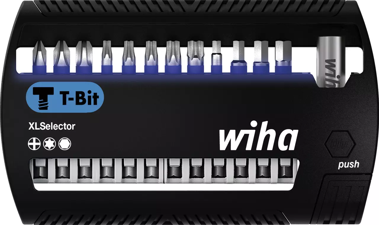 Black bit set with multiple screwdriver bits in a compact holder, labeled "XLSelector" and "T-Bit."