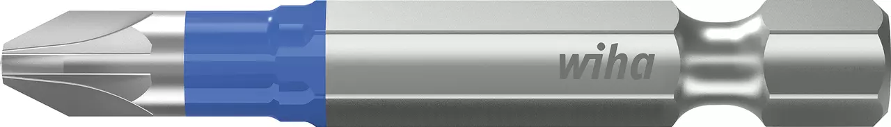 Screwdriver bit with blue and silver finish, marked with "wiha".