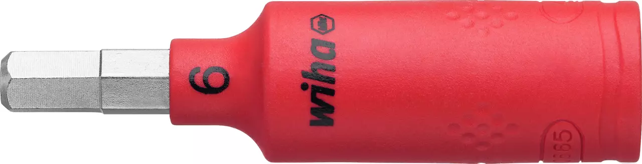 Red insulated socket wrench attachment with hexagonal tip.