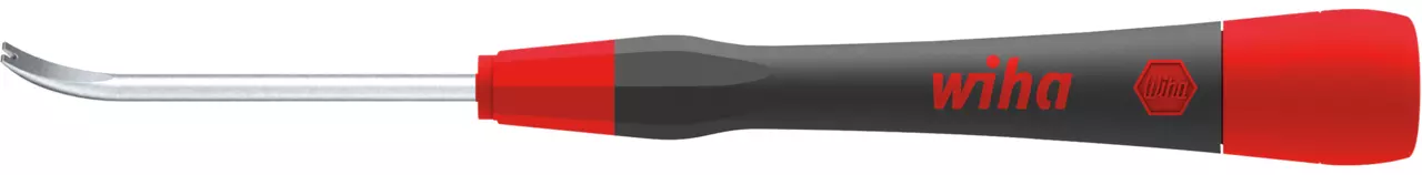 Precision screwdriver with curved metal tip and red-black handle.
