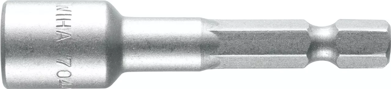 Metal socket wrench with hexagonal end, silver color.
