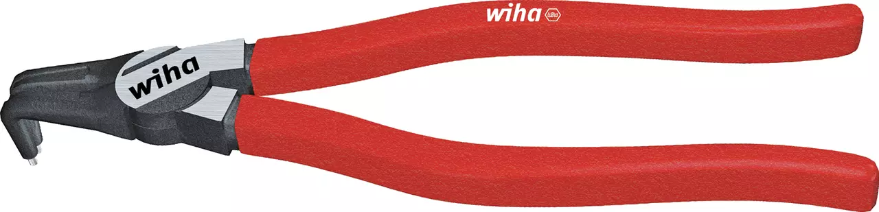 Red-handled snap ring pliers for internal rings with black metal tips.