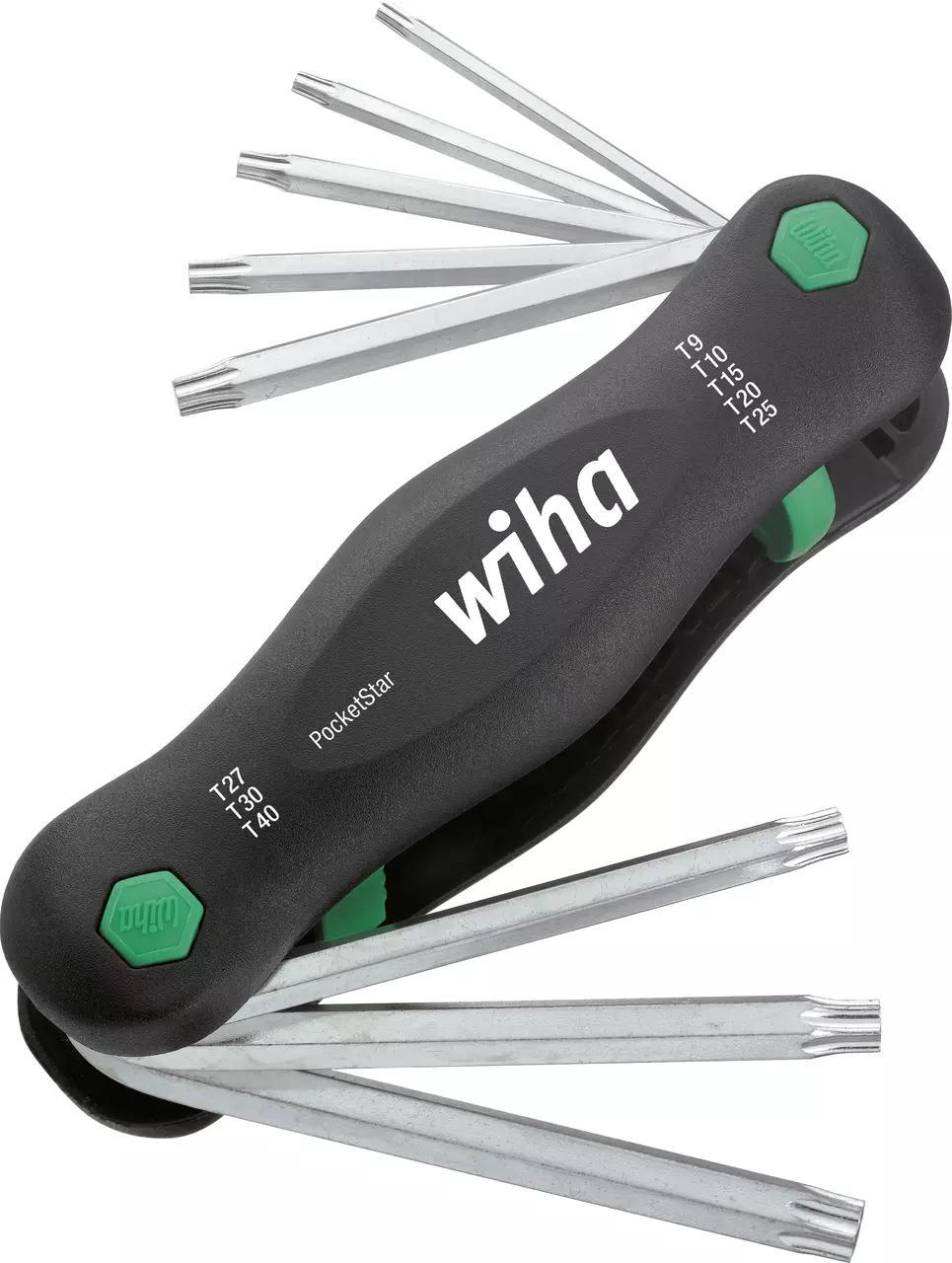 Multi-tool with foldable Torx keys in a black handle.