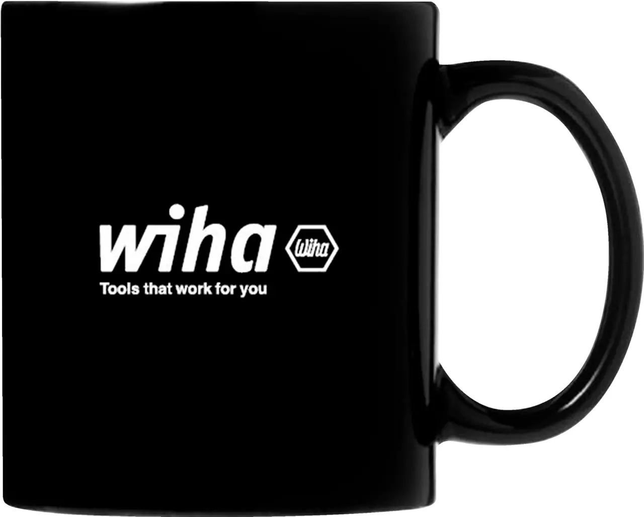 Glossy black mug with white "wiha" logo and text