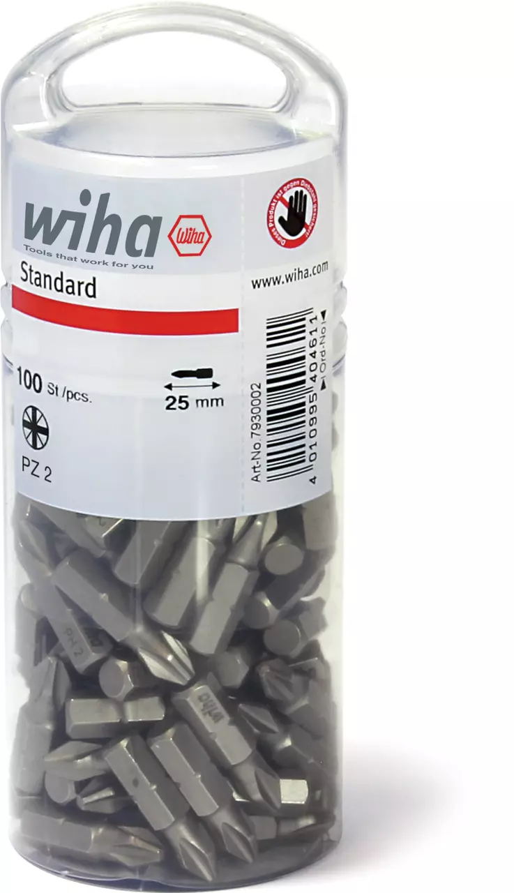 Transparent container with 100 PZ2 screwdriver bits, 25 mm length.