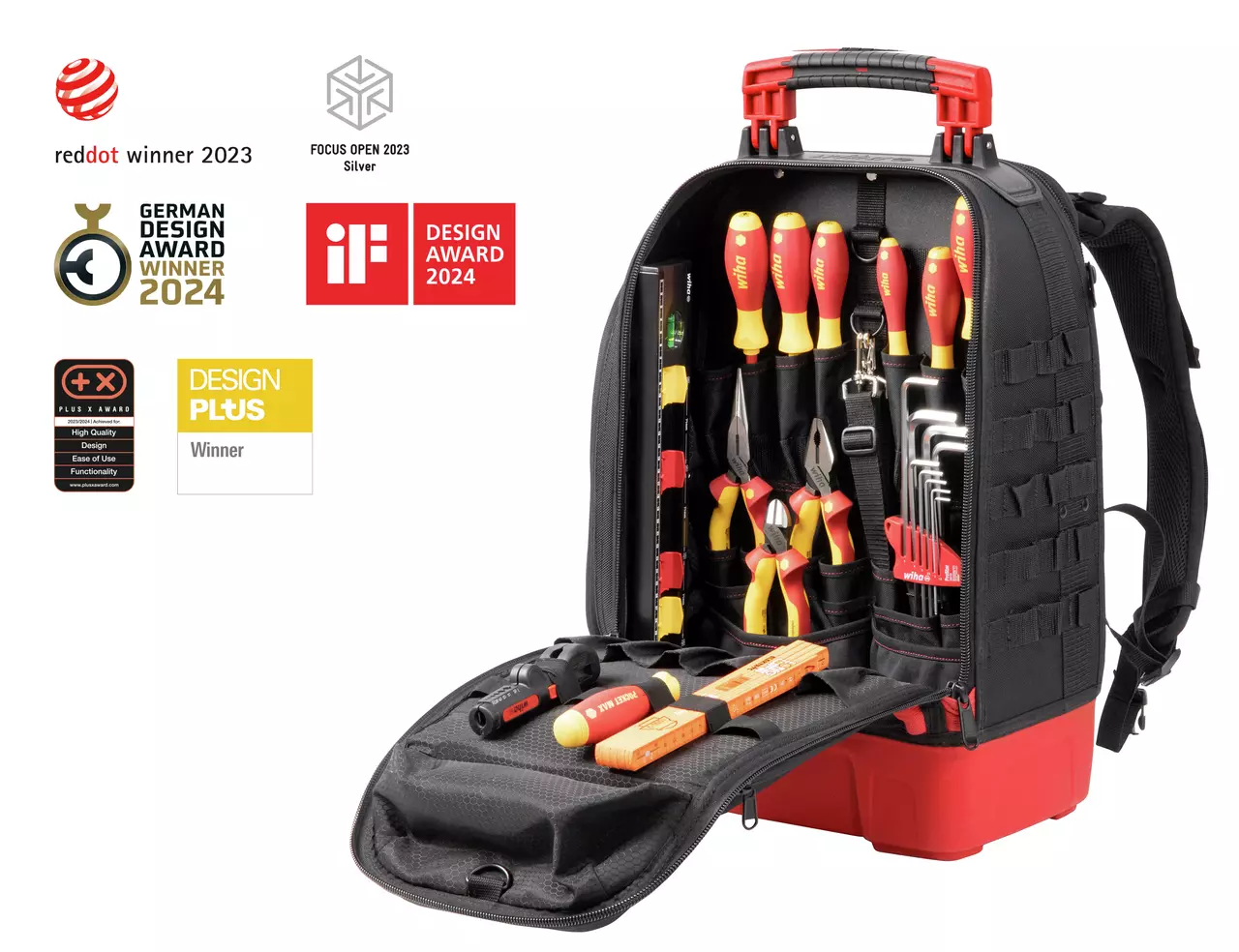Backpack with various hand tools organized inside, awards displayed on the left.