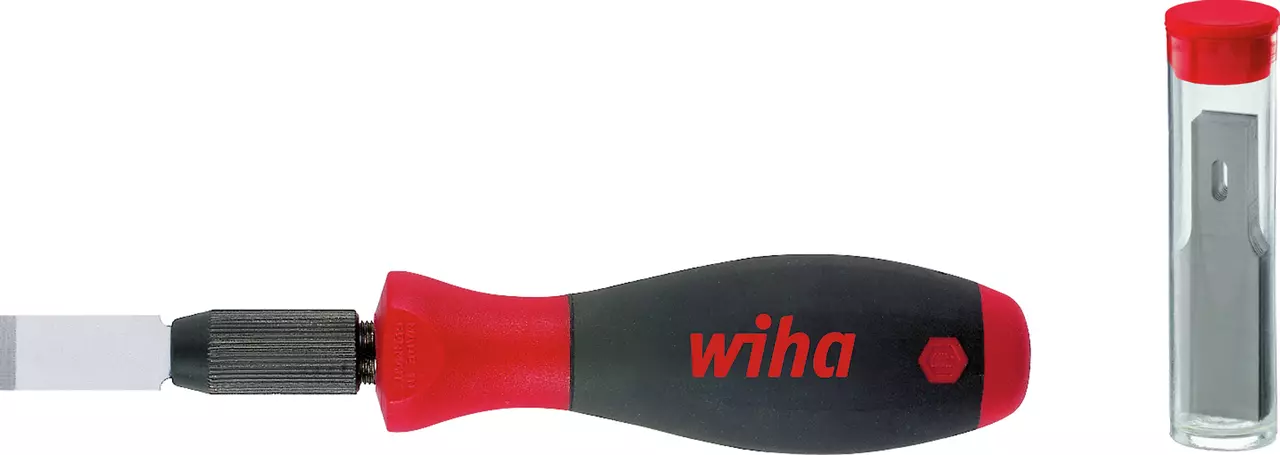 Red and black handled scraper with a flat blade and a tube containing spare blades.